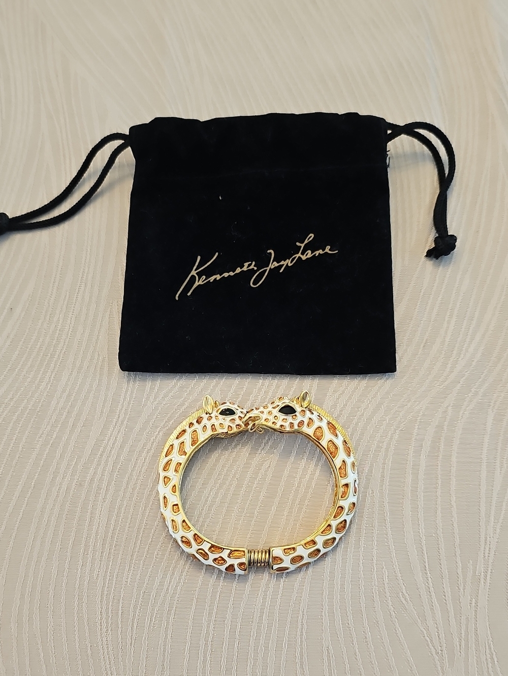 Kenneth Jay Lane Gold and White Leopard-Head Hinged Bracelet